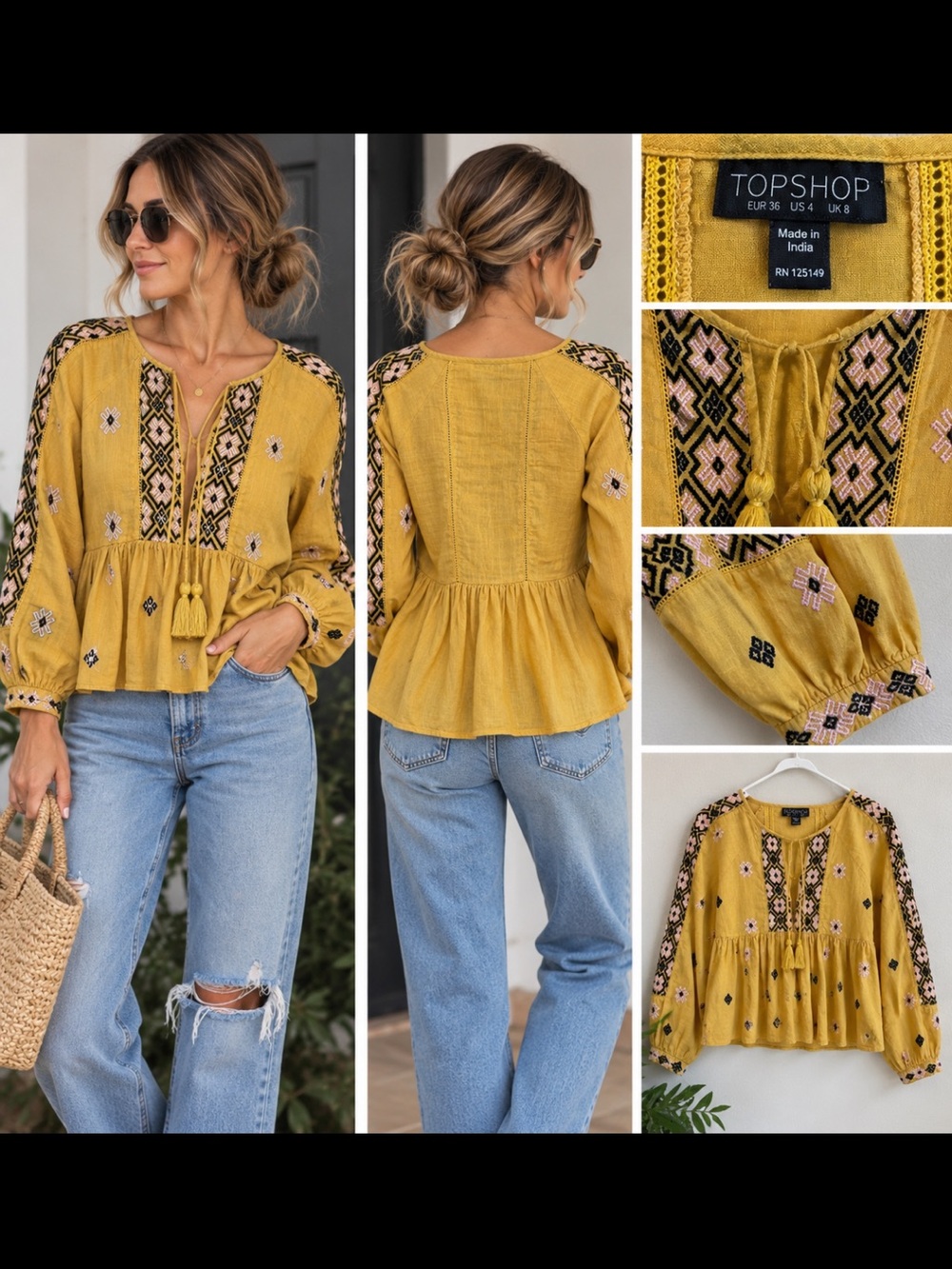 Topshop Mustard Embroidered Boho Peasant Blouse Tassel Tie Size 4 100% Cotton